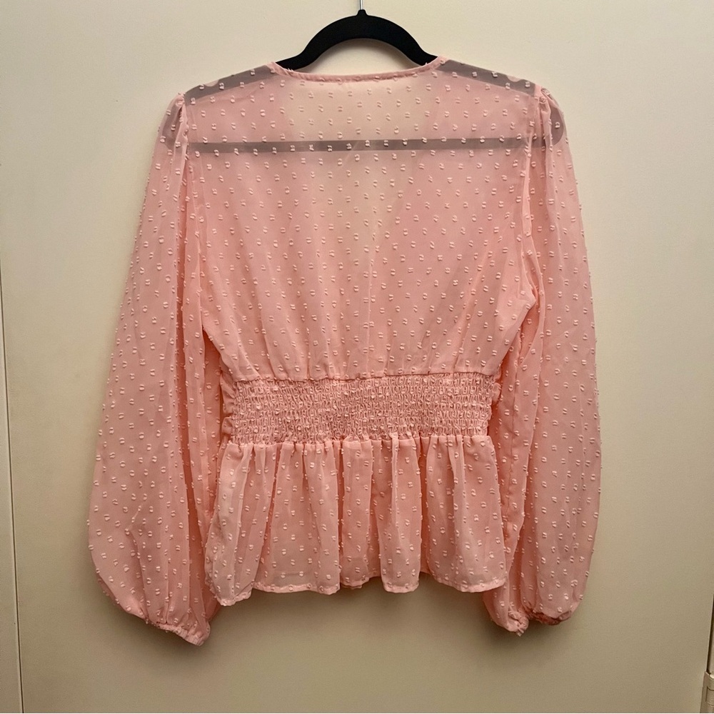 Lyaner Pink Peplum Top Ruched Waist Billowy Sleeves Size L - Picture 2 of 5